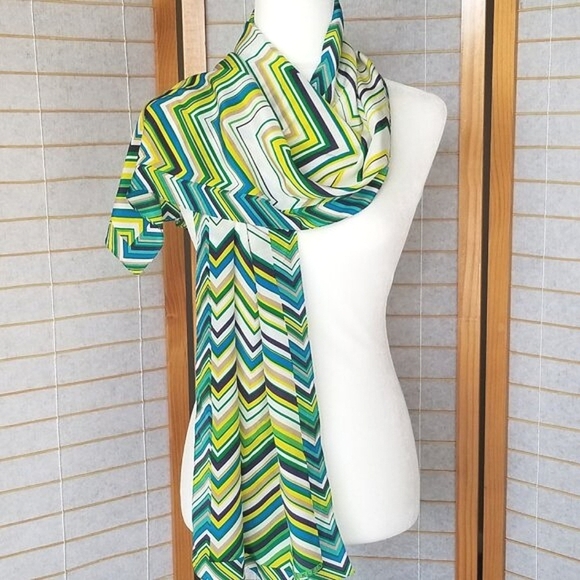 Anne Klein Silk Scarf Rectangular Long Chevron Blue Green Cool Colors 14" x 60" - Picture 1 of 8